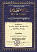 Диплом II степени  Всероссийского интернет-конкурса для педагогов "Педагогический триумф" . Номинация: лучший конспект занятия. Название конкурсной работы: НОД познавательное развитие в средней группе "Транспорт". 13.02.2019 г.